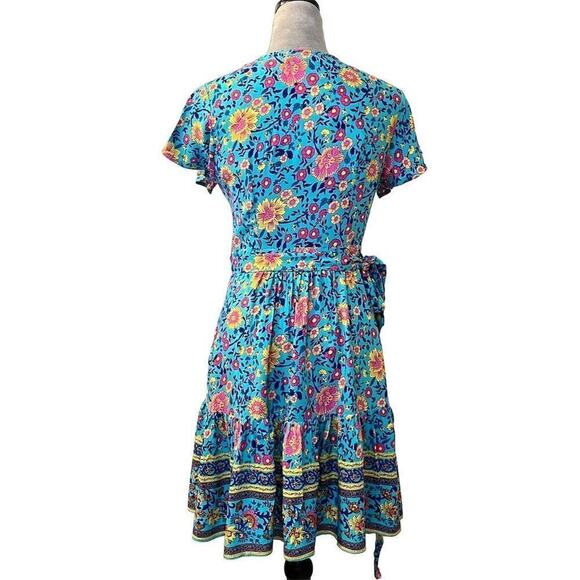 Zesica Women's XS Boho Floral V-Neck Wrap Dress Short Blue Summer Casual Flowy - Picture 3 of 13